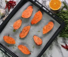 Batátové pyré s pomerančem a fazolkami