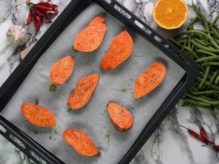 Batátové pyré s pomerančem a fazolkami